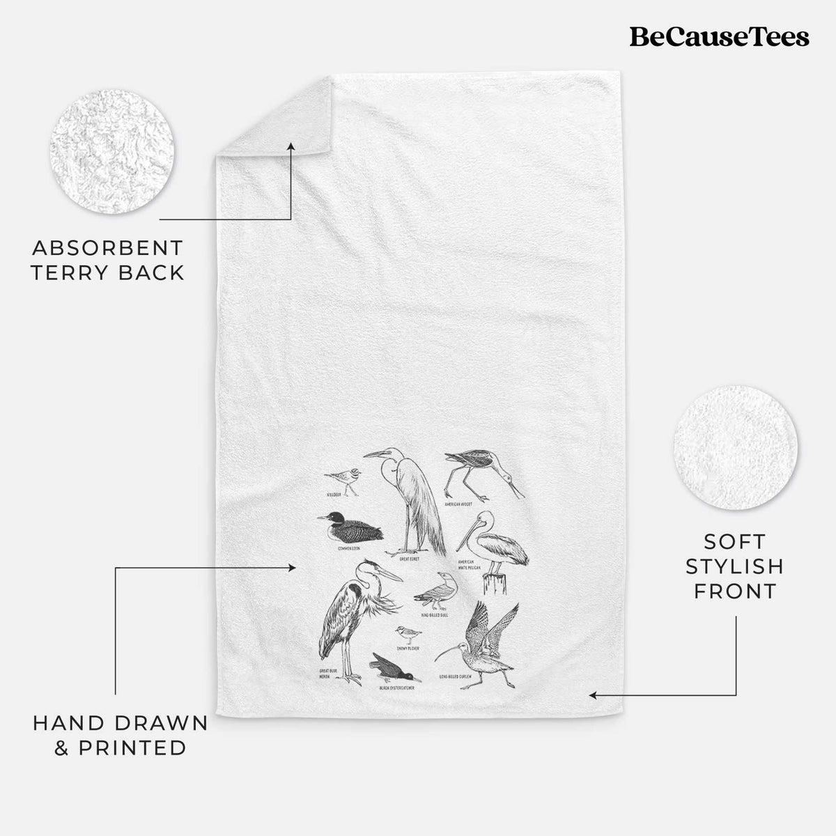 White hand towel printed with a chart of black ink California shorebirds, including herons, egrets, avocets and sandpipers.
