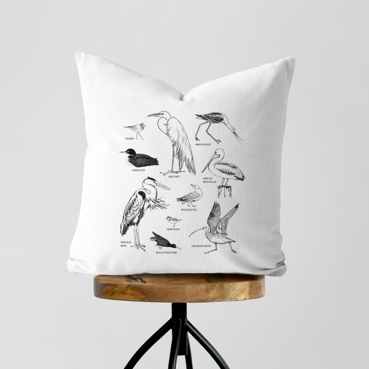 White pillow cover printed with a chart of black ink California shorebirds, including herons, egrets, avocets and sandpipers, on a wooden stool.