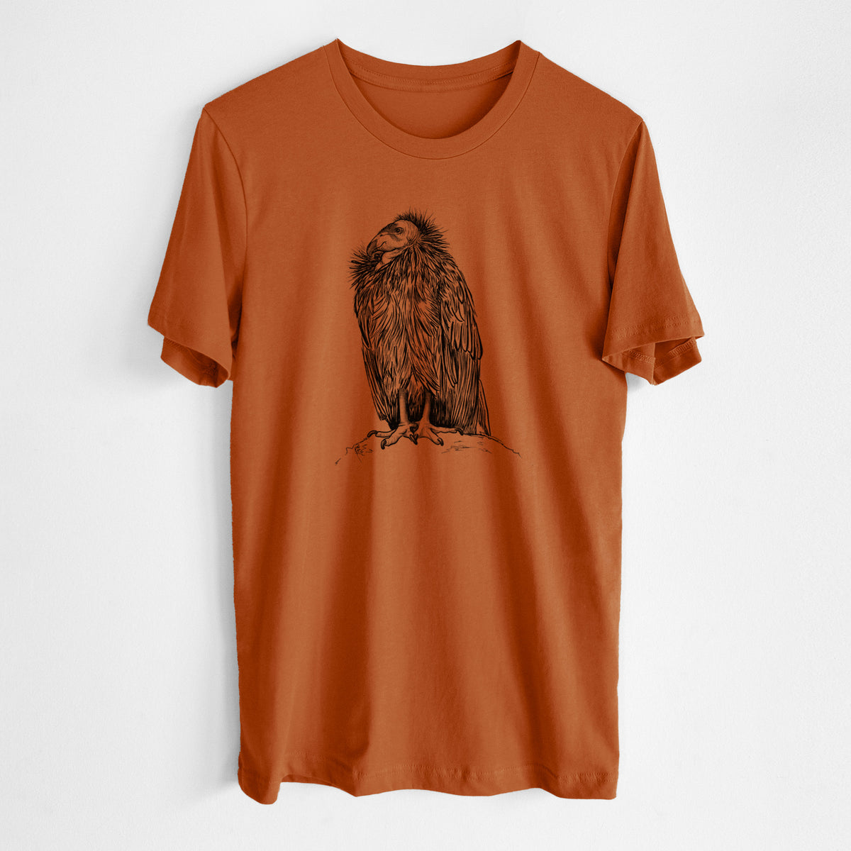 Autumn lightweight cotton t-shirt laid flat, printed with a detailed black ink illustration of a California condor perched with folded wings.