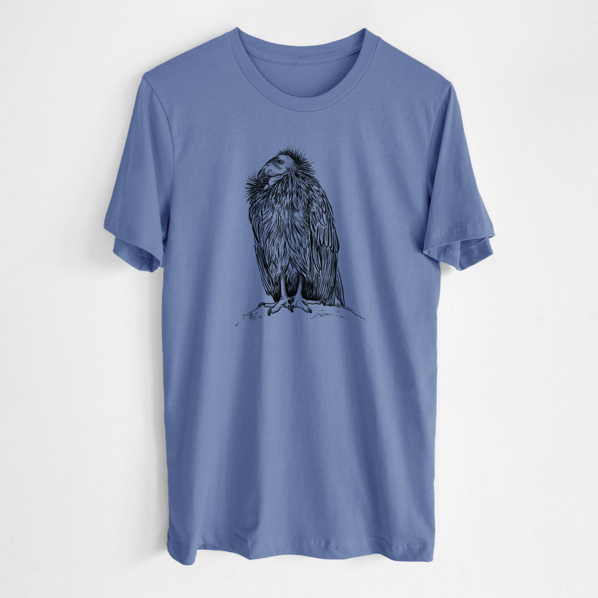 Blue bell lightweight cotton t-shirt laid flat, printed with a detailed black ink illustration of a California condor perched with folded wings.