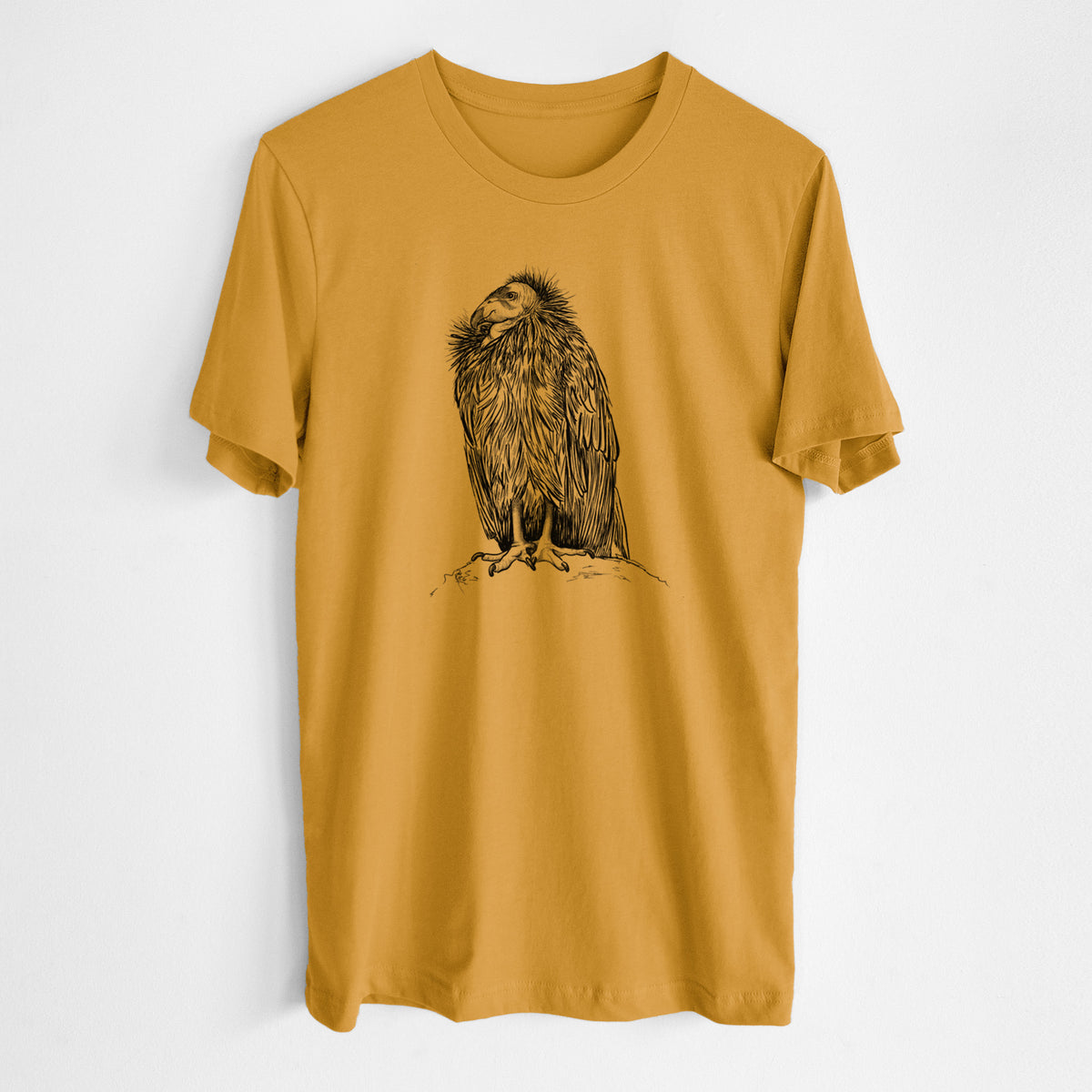 Honeycomb yellow lightweight cotton t-shirt laid flat, printed with a detailed black ink illustration of a California condor perched with folded wings.