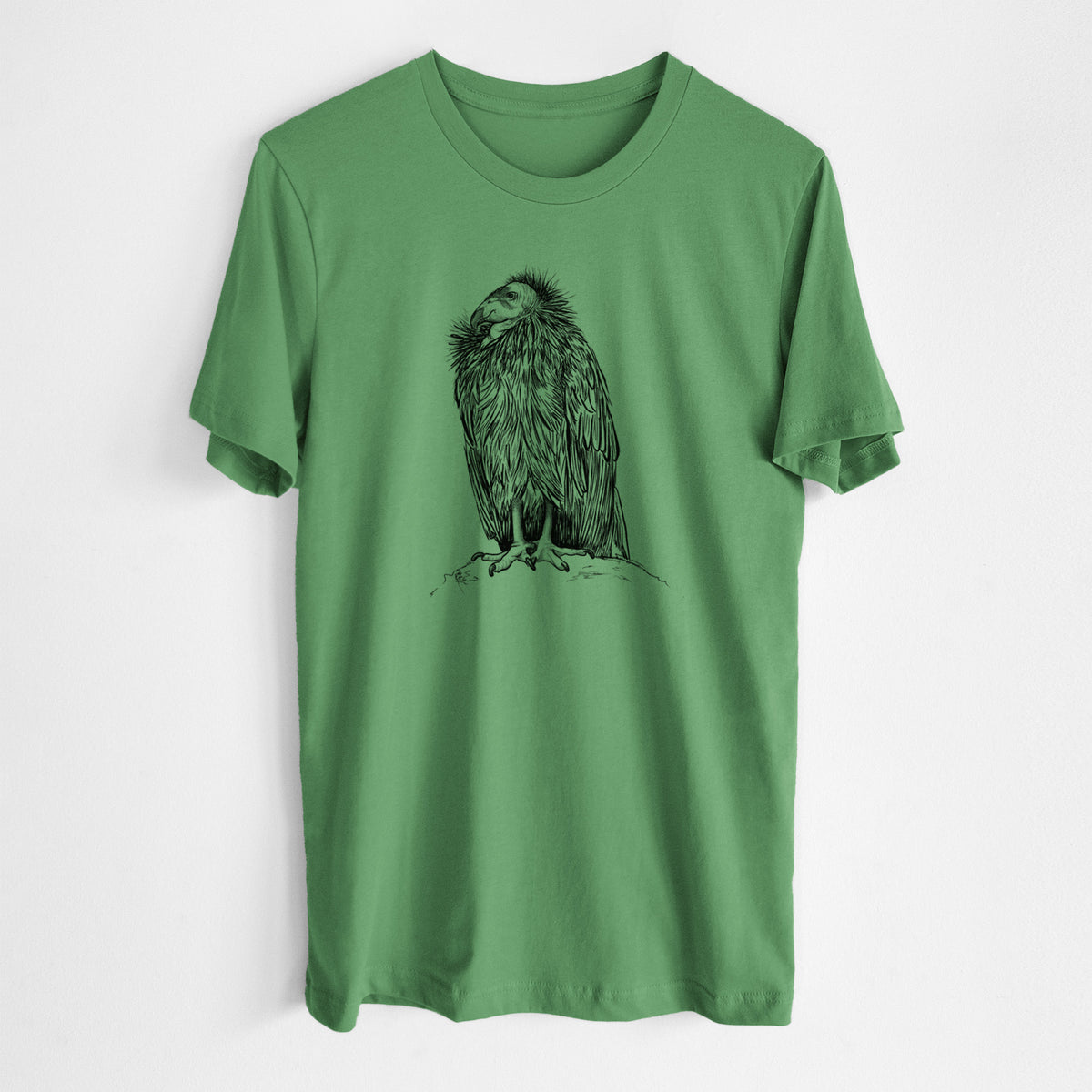 Leaf green lightweight cotton t-shirt laid flat, printed with a detailed black ink illustration of a California condor perched with folded wings.