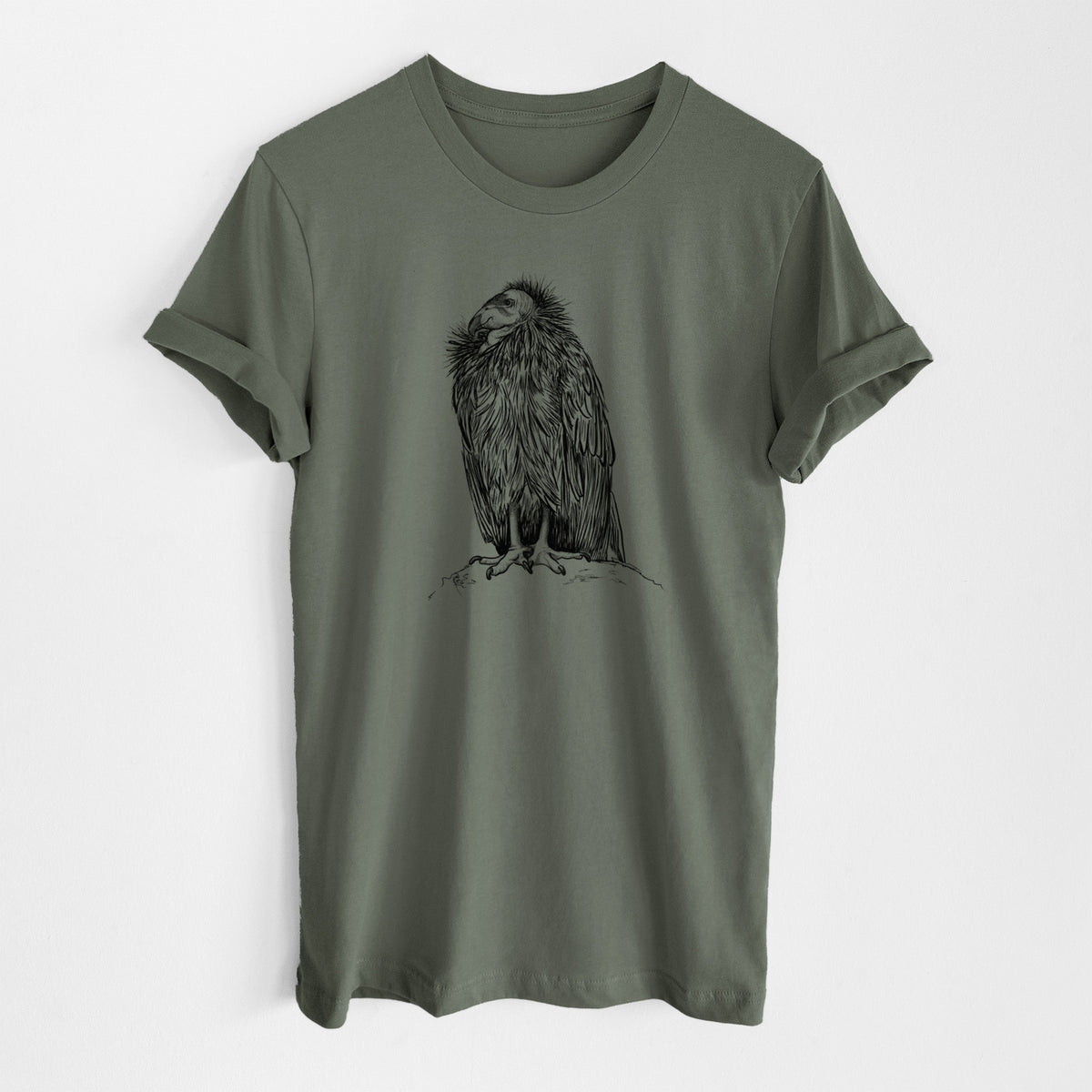 Military green lightweight cotton t-shirt laid flat, printed with a detailed black ink illustration of a California condor perched with folded wings.