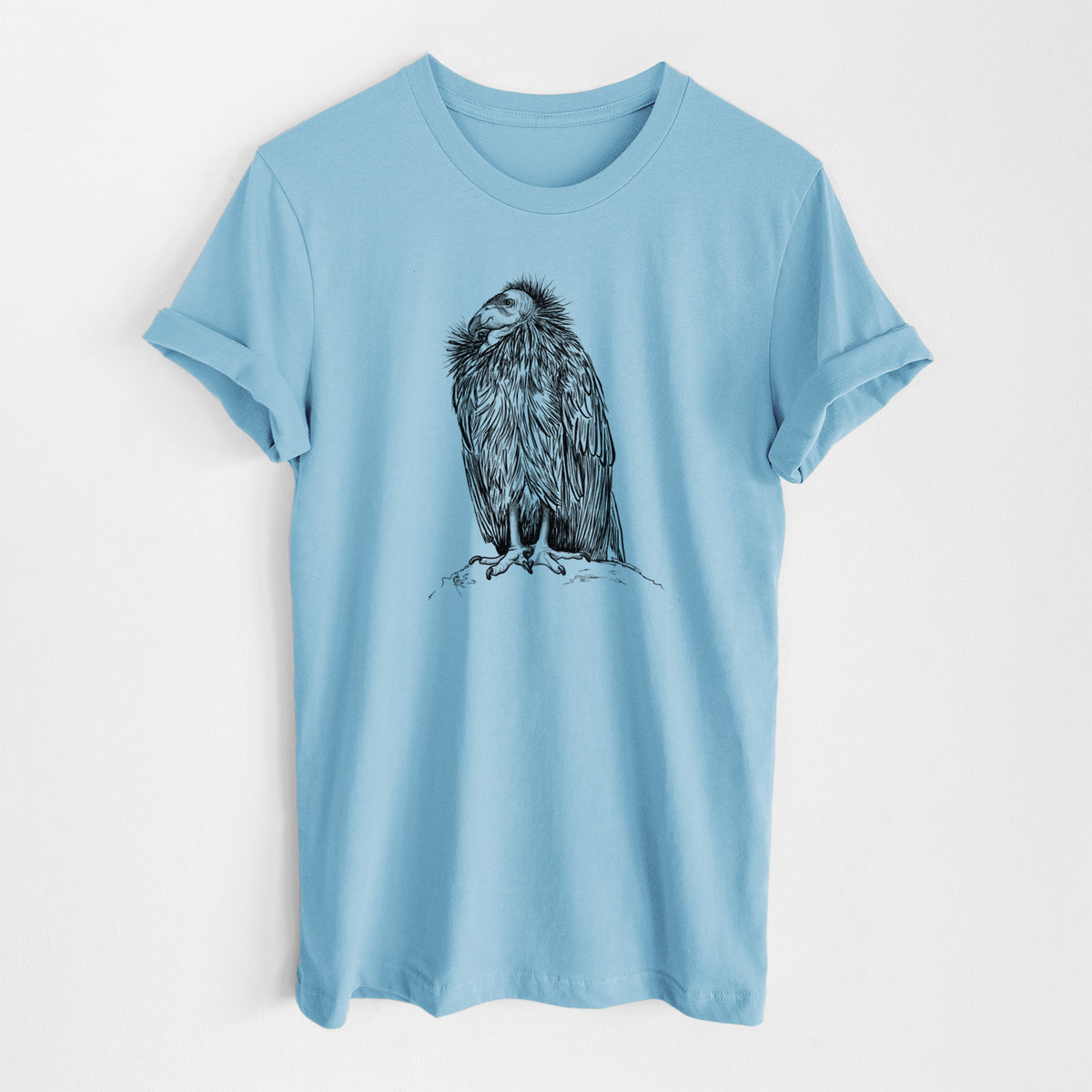 Ocean blue lightweight cotton t-shirt laid flat, printed with a detailed black ink illustration of a California condor perched with folded wings.