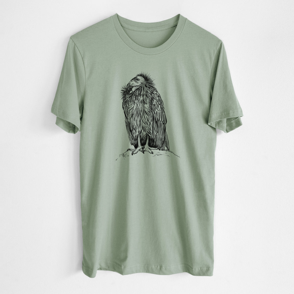 Sage green lightweight cotton t-shirt laid flat, printed with a detailed black ink illustration of a California condor perched with folded wings.