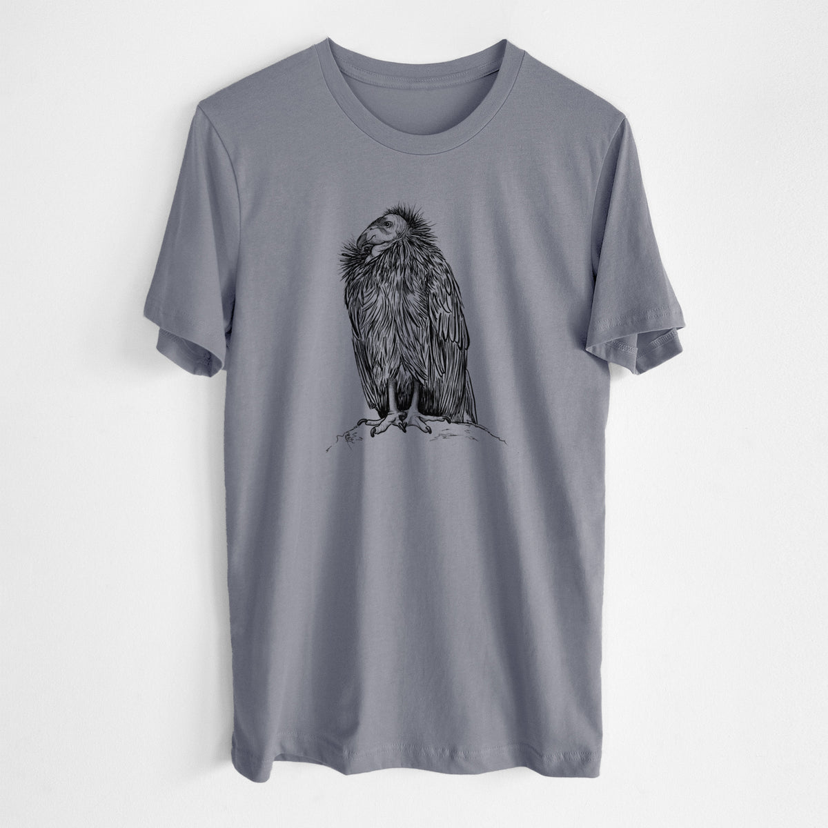 Storm grey lightweight cotton t-shirt laid flat, printed with a detailed black ink illustration of a California condor perched with folded wings.