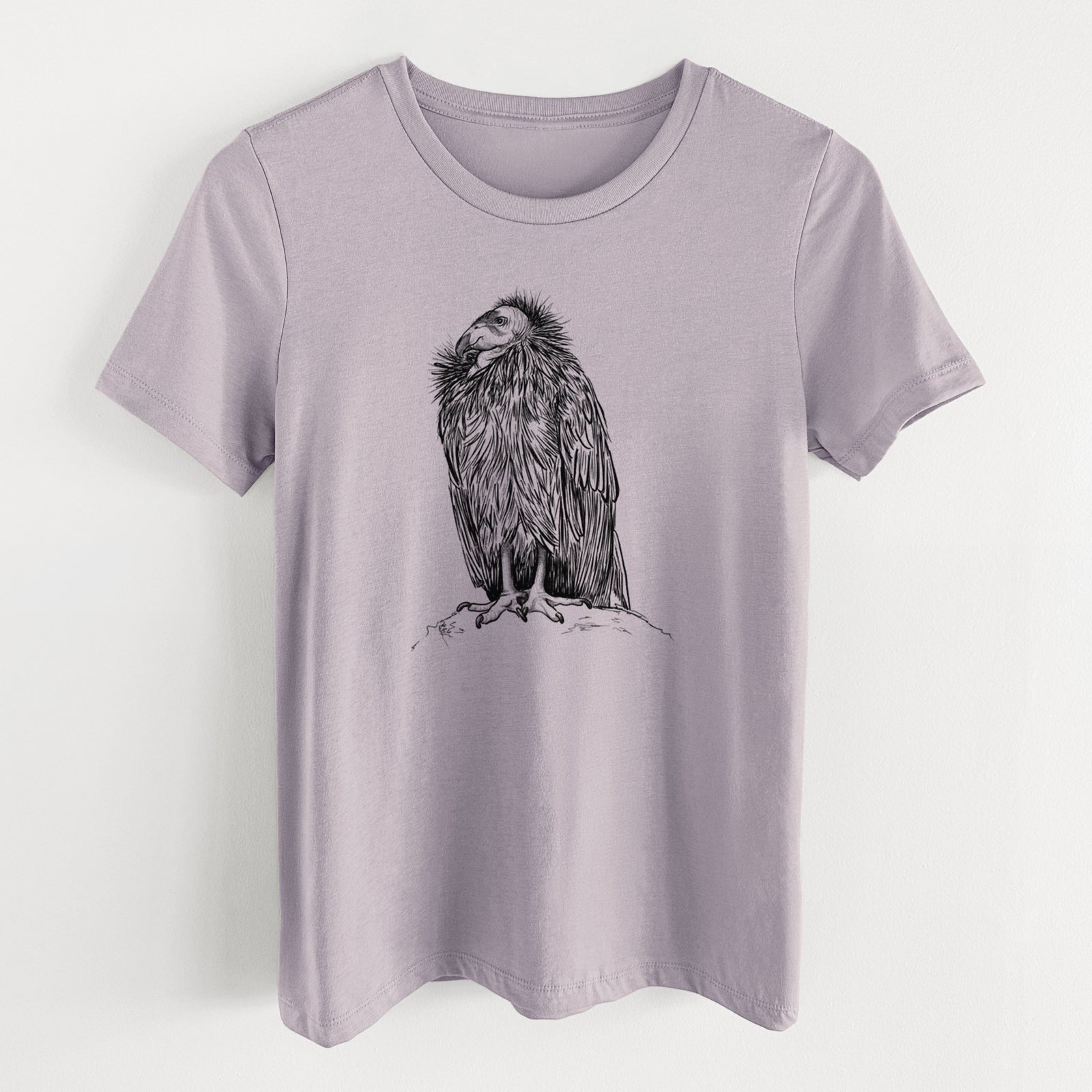 Light violet women's relaxed fit cotton t-shirt laid flat, printed with a detailed black ink illustration of a California condor perched with folded wings.