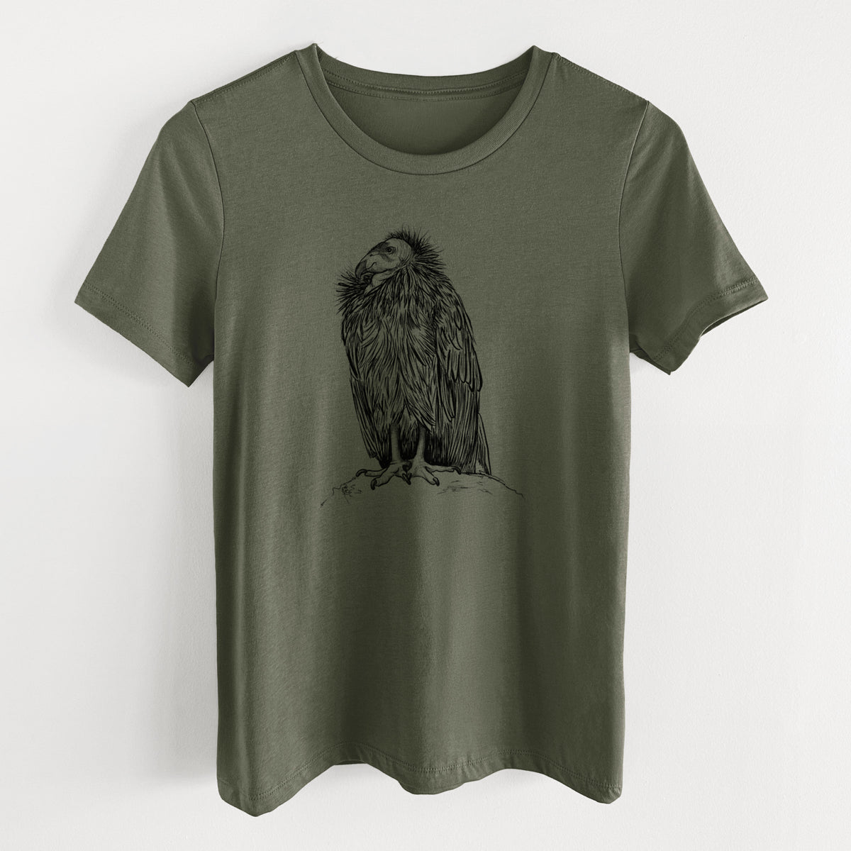 Military green women's relaxed fit cotton t-shirt laid flat, printed with a detailed black ink illustration of a California condor perched with folded wings.
