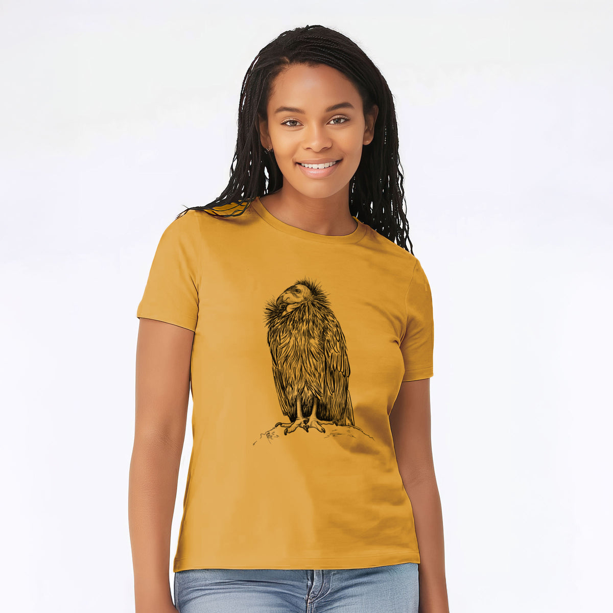 Woman wearing a mustard yellow women's relaxed fit cotton t-shirt printed with a detailed black ink illustration of a California condor perched with folded wings.