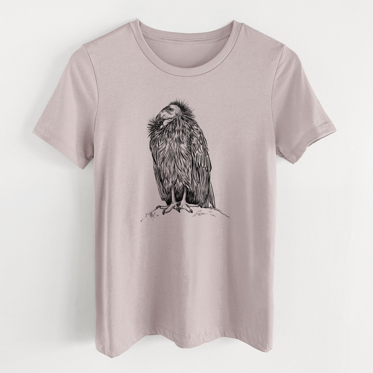Pink gravel women's relaxed fit cotton t-shirt laid flat, printed with a detailed black ink illustration of a California condor perched with folded wings.