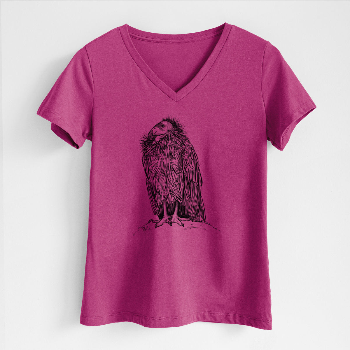 Berry pink women's relaxed fit cotton V-neck t-shirt laid flat, printed with a detailed black ink illustration of a California condor perched with folded wings.