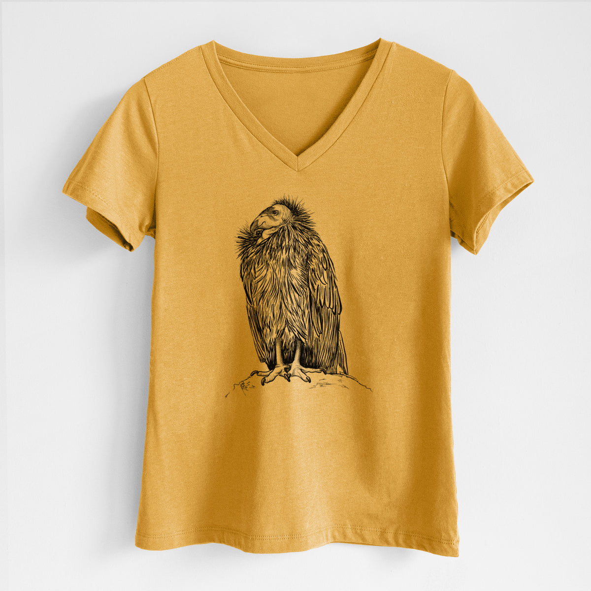 Honeycomb yellow women's relaxed fit cotton V-neck t-shirt laid flat, printed with a detailed black ink illustration of a California condor perched with folded wings.