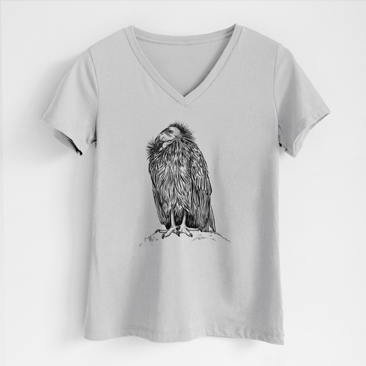 Lunar grey women's relaxed fit cotton V-neck t-shirt laid flat, printed with a detailed black ink illustration of a California condor perched with folded wings.