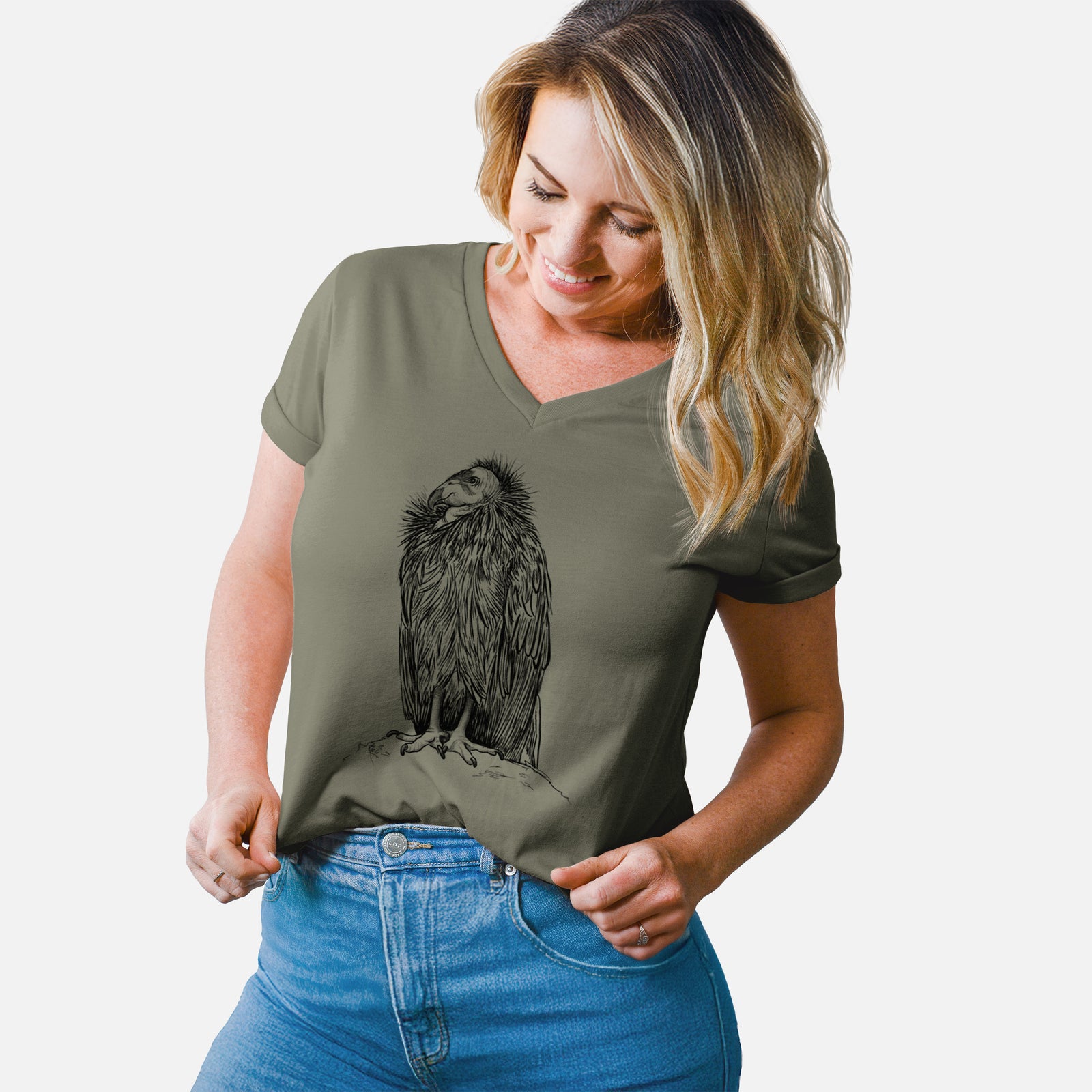 Turquoise women's relaxed fit cotton V-neck t-shirt laid flat, printed with a detailed black ink illustration of a California condor perched with folded wings.