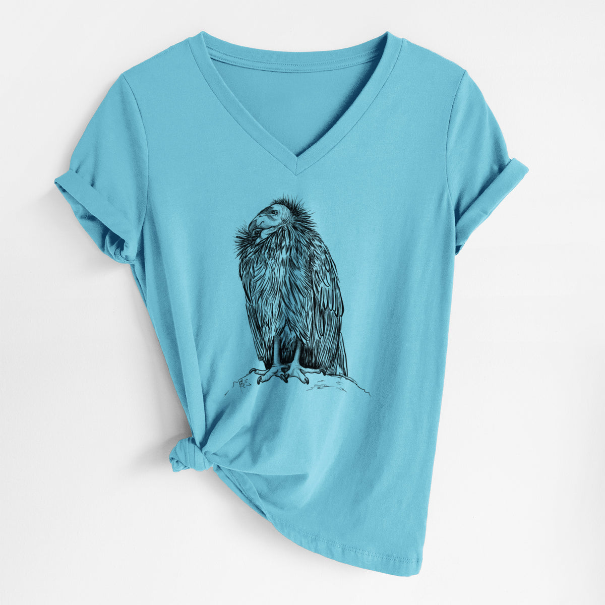 Turquoise women's relaxed fit cotton V-neck t-shirt laid flat, printed with a detailed black ink illustration of a California condor perched with folded wings.