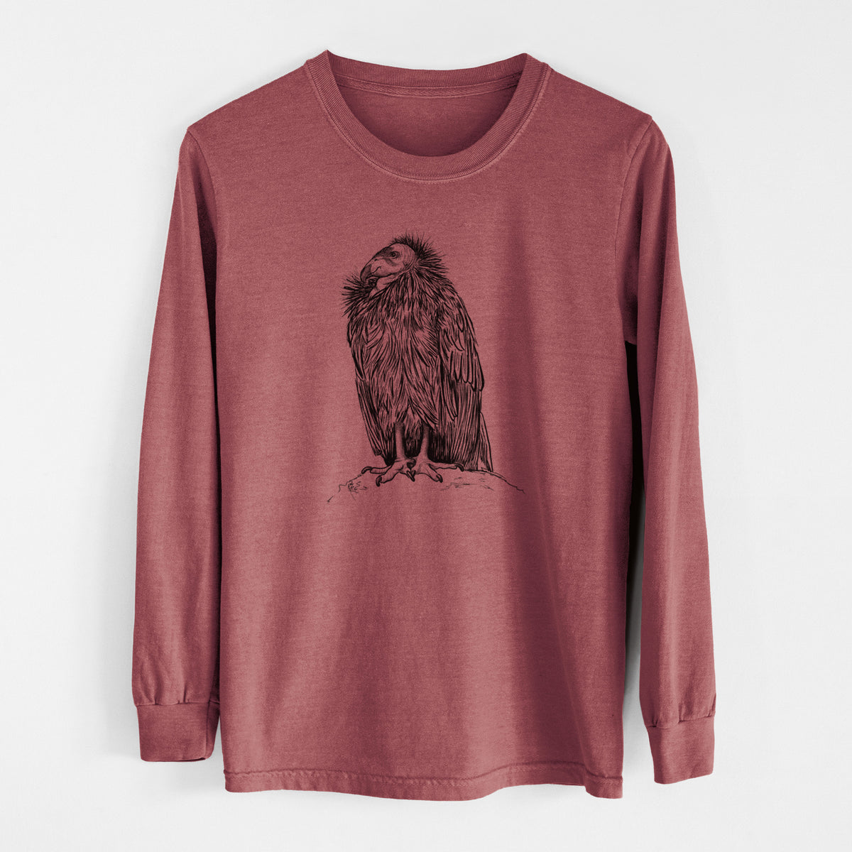 Brick red Comfort Colors long sleeve shirt laid flat, printed with a detailed black ink illustration of a California condor perched with folded wings.