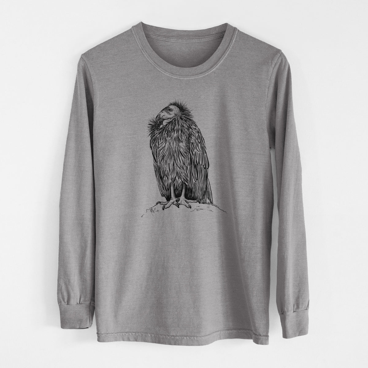 Grey Comfort Colors long sleeve shirt laid flat, printed with a detailed black ink illustration of a California condor perched with folded wings.