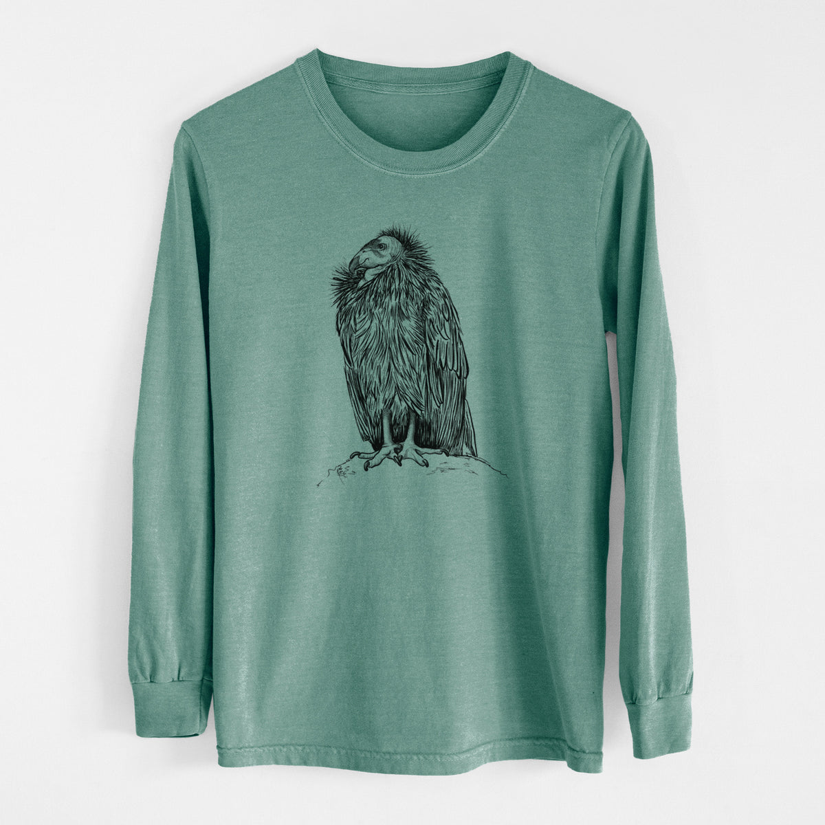 Pine green Comfort Colors long sleeve shirt laid flat, printed with a detailed black ink illustration of a California condor perched with folded wings.
