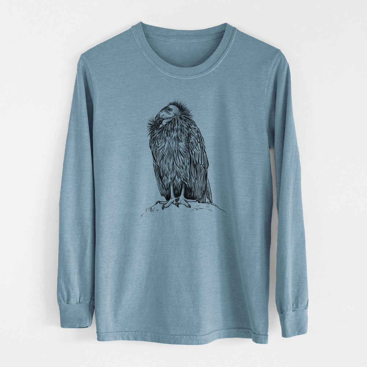 Steel blue Comfort Colors long sleeve shirt laid flat, printed with a detailed black ink illustration of a California condor perched with folded wings.