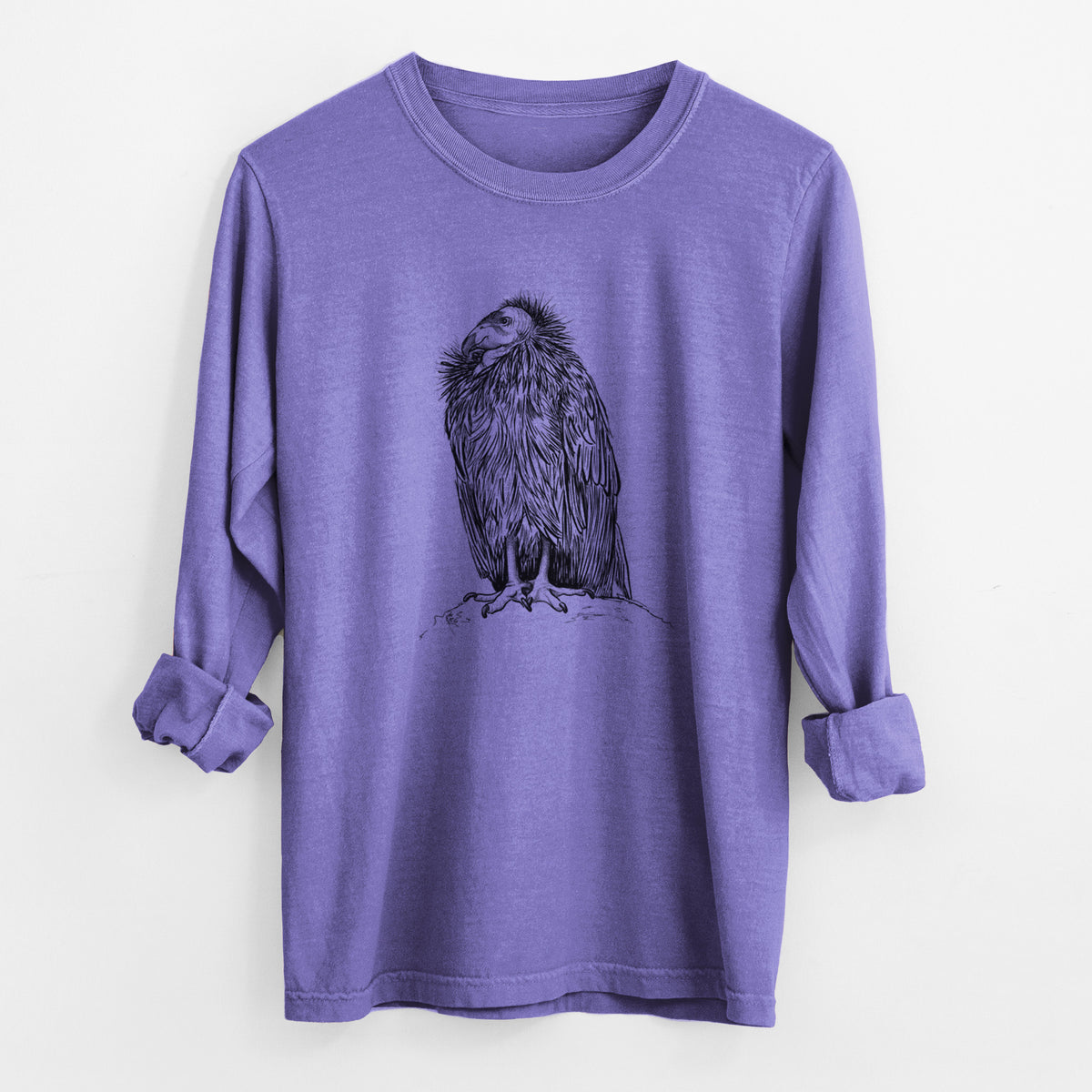 Violet purple Comfort Colors long sleeve shirt laid flat with the cuffs rolled, printed with a detailed black ink illustration of a California condor perched with folded wings.