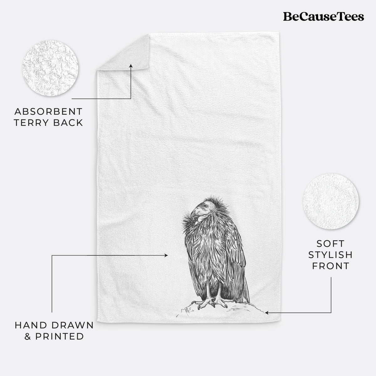 White hand towel printed with a detailed black ink illustration of a California condor perched with folded wings.