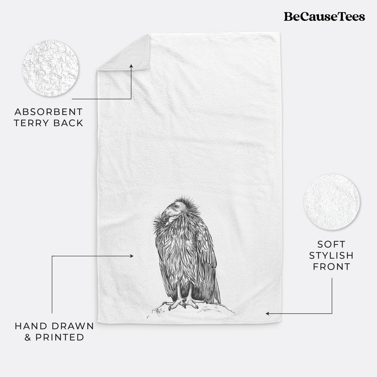 White hand towel printed with a detailed black ink illustration of a California condor perched with folded wings.