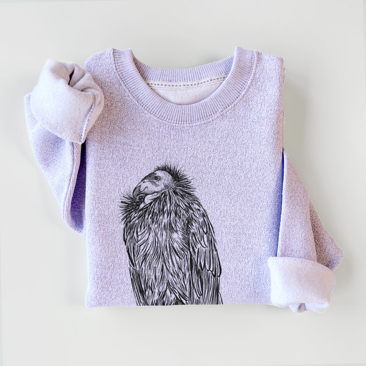 Ice purple knit sweatshirt printed with a detailed black ink illustration of a California condor perched with folded wings, styled flat.