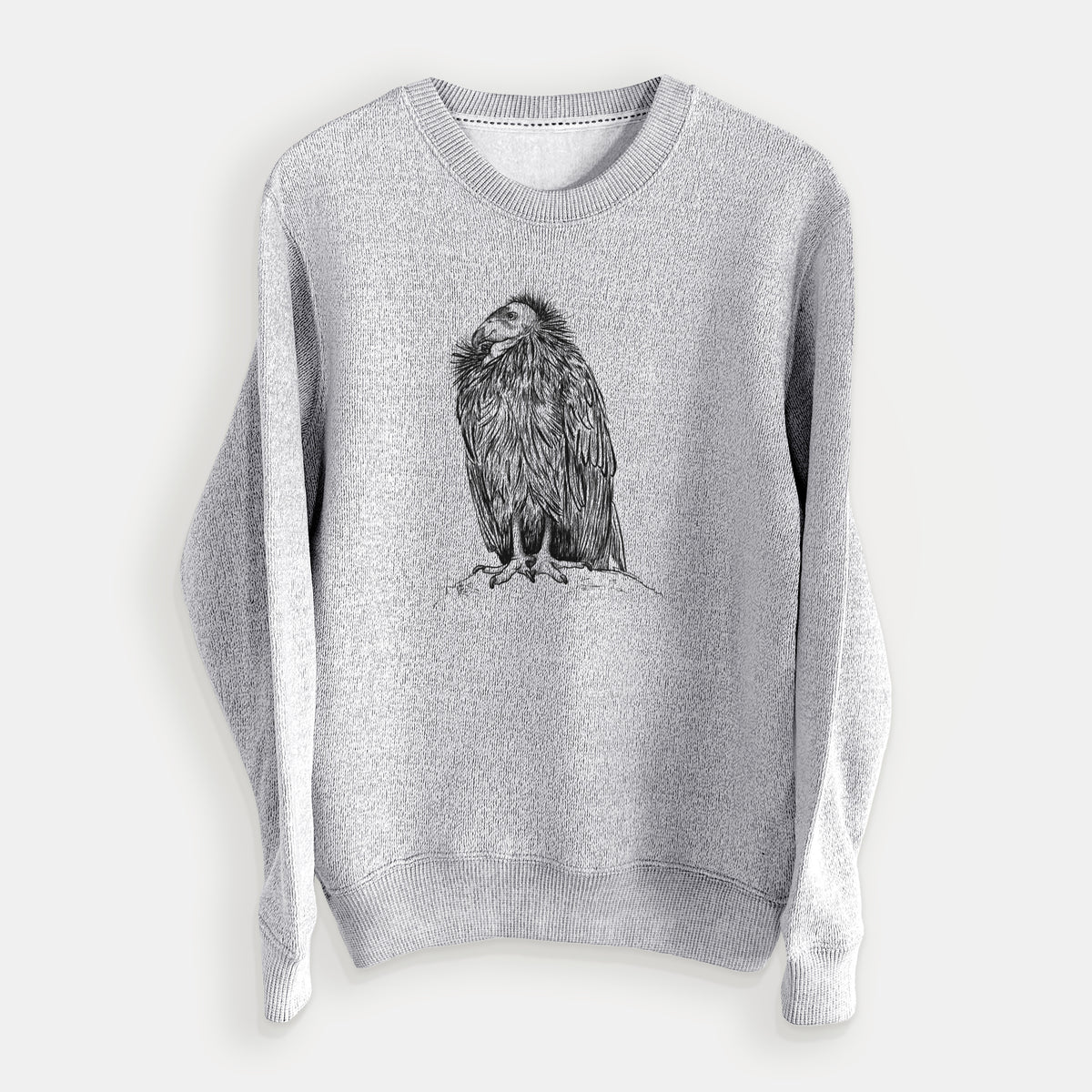 Salt and pepper knit sweatshirt laid flat, printed with a detailed black ink illustration of a California condor perched with folded wings.