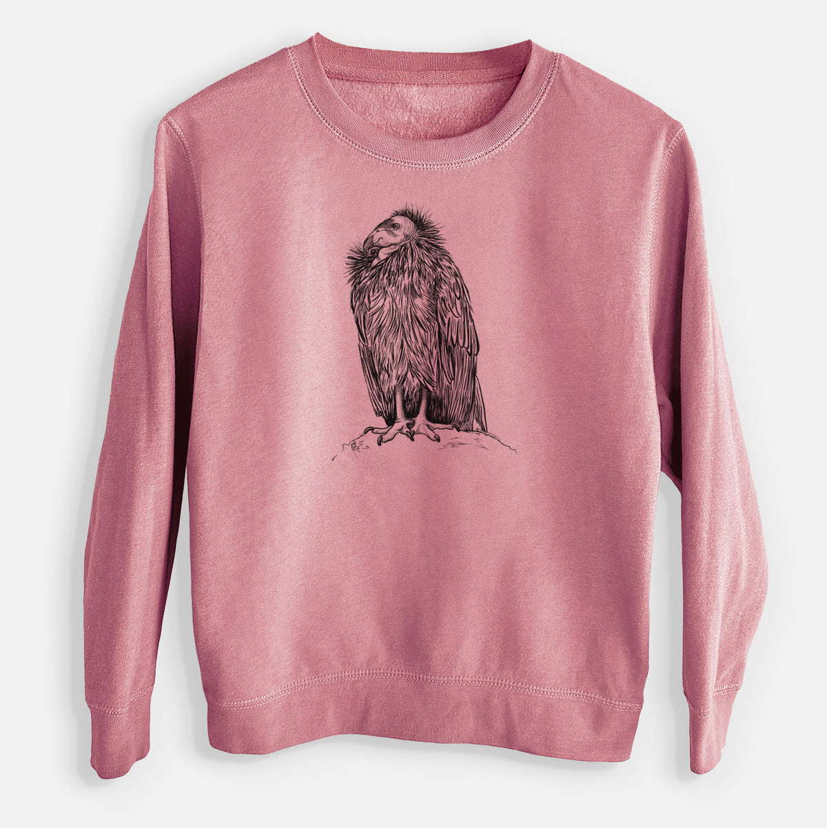 Mauve pink youth crewneck sweatshirt laid flat, printed with a detailed black ink illustration of a California condor perched with folded wings.