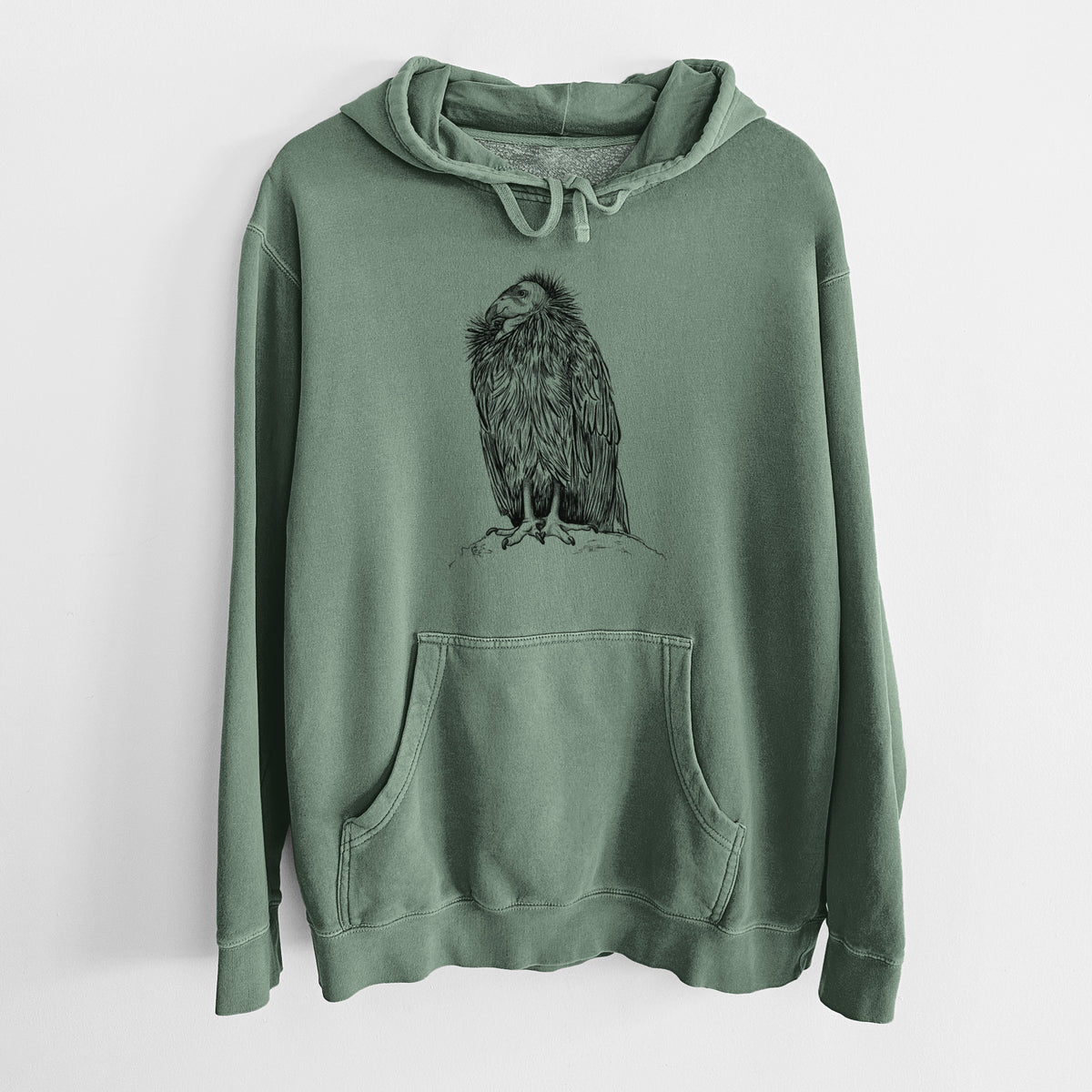 Alpine green pigment dyed hoodie laid flat, printed with a detailed black ink illustration of a California condor perched with folded wings.
