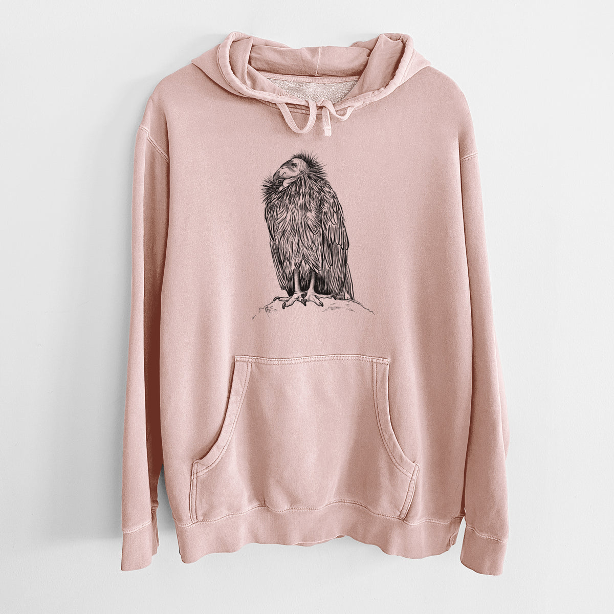 Dusty pink pigment dyed hoodie laid flat, printed with a detailed black ink illustration of a California condor perched with folded wings.