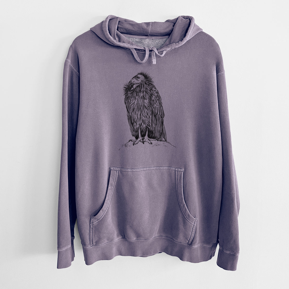 Plum purple pigment dyed hoodie laid flat, printed with a detailed black ink illustration of a California condor perched with folded wings.