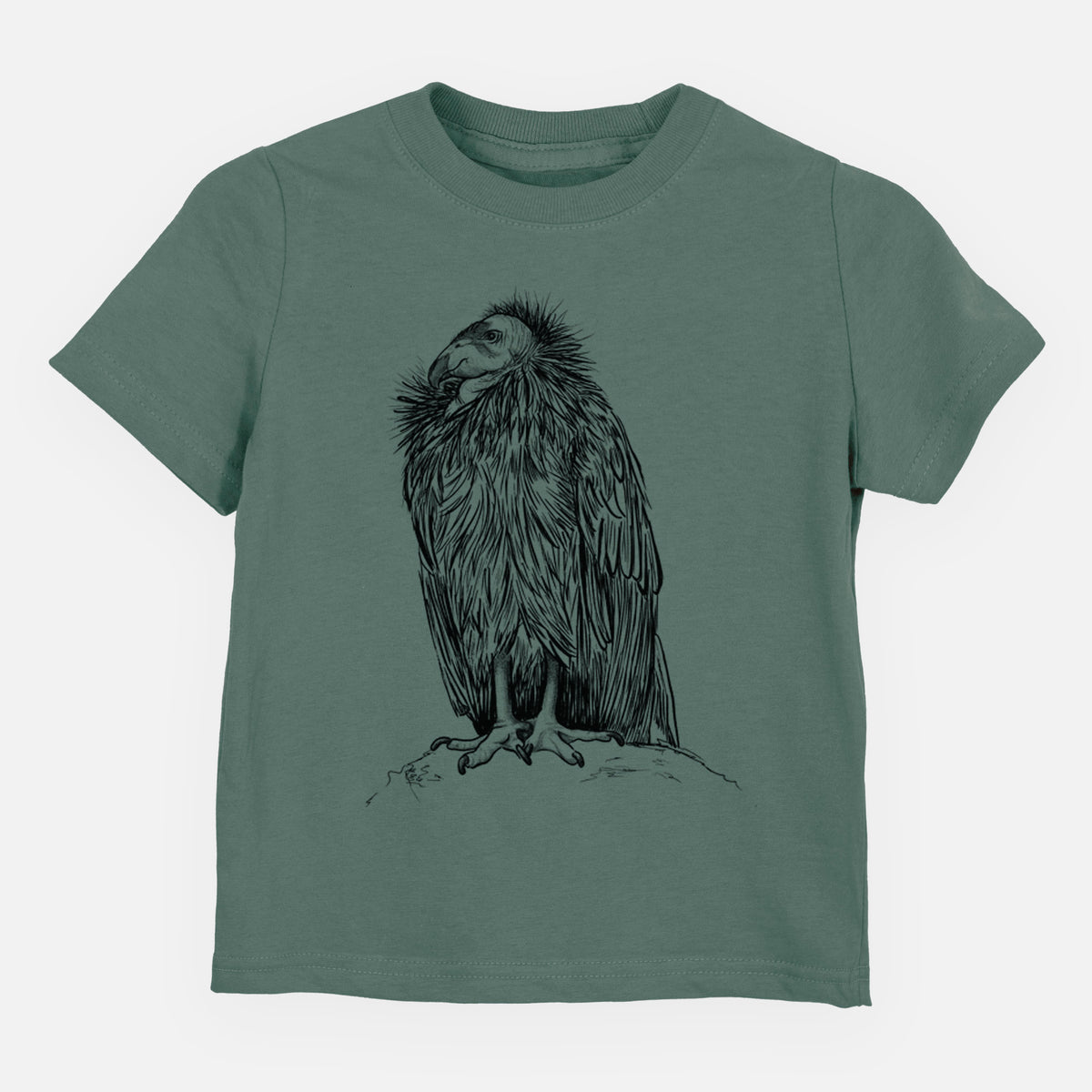 Basil green toddler t-shirt laid flat, printed with a detailed black ink illustration of a California condor perched with folded wings.