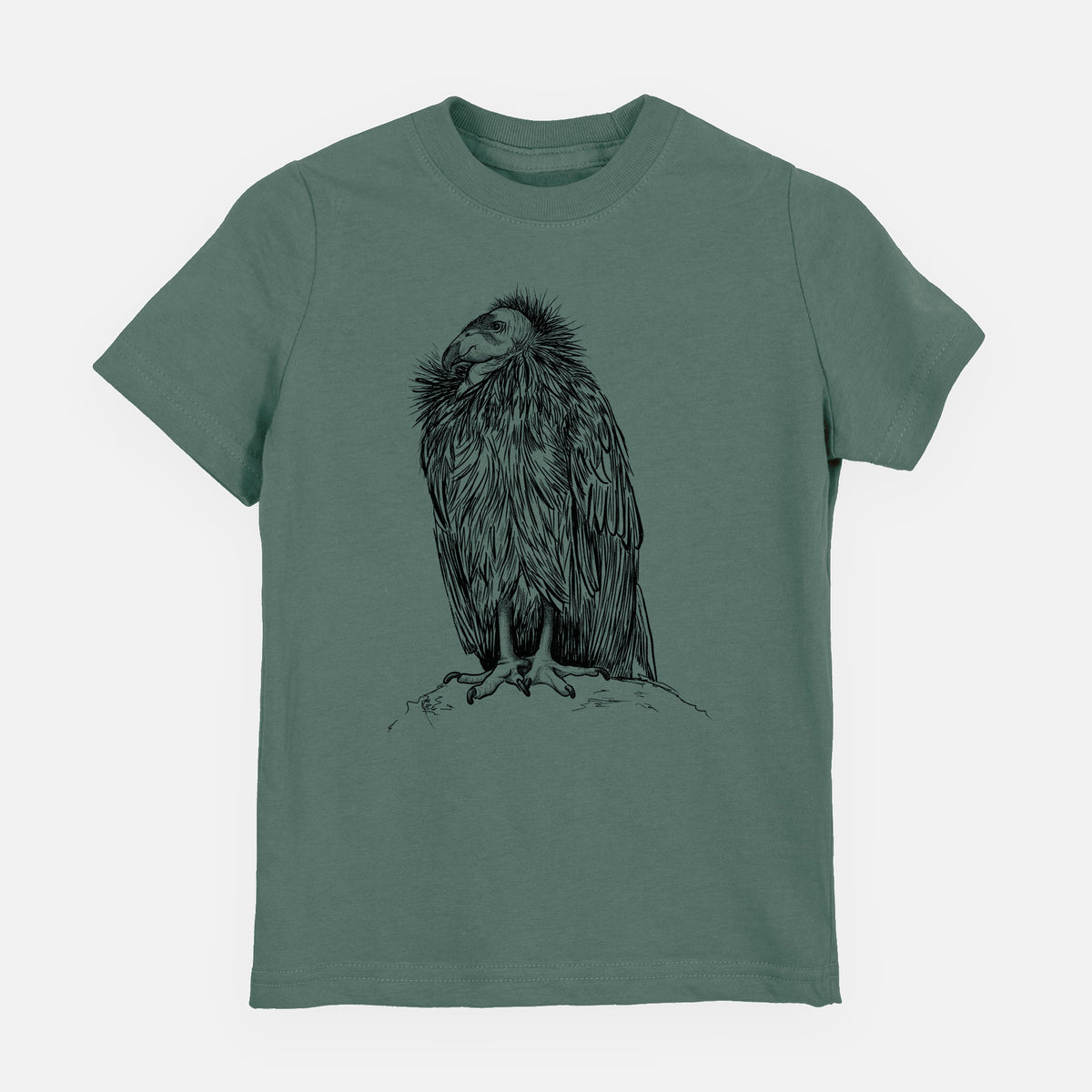 Basil green youth t-shirt laid flat, printed with a detailed black ink illustration of a California condor perched with folded wings.