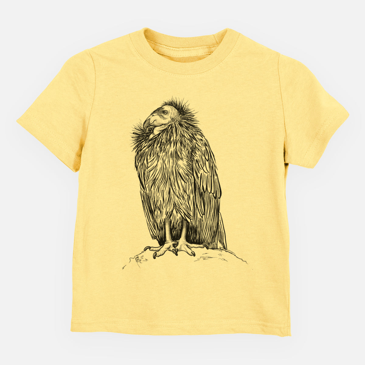 Butter yellow toddler t-shirt laid flat, printed with a detailed black ink illustration of a California condor perched with folded wings.