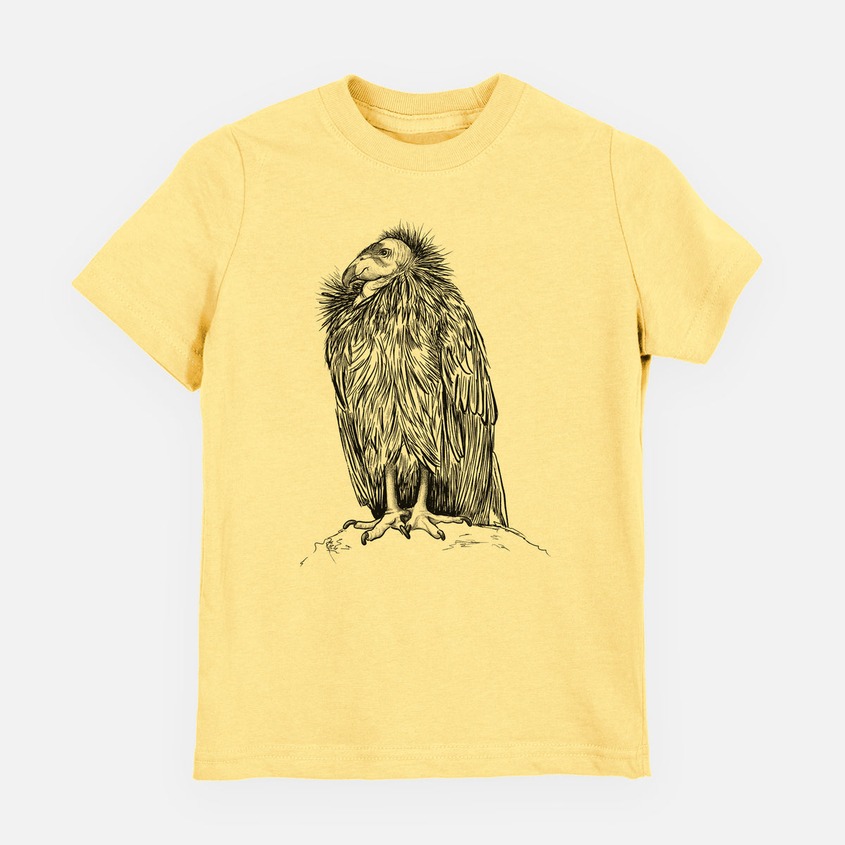 Butter yellow youth t-shirt laid flat, printed with a detailed black ink illustration of a California condor perched with folded wings.