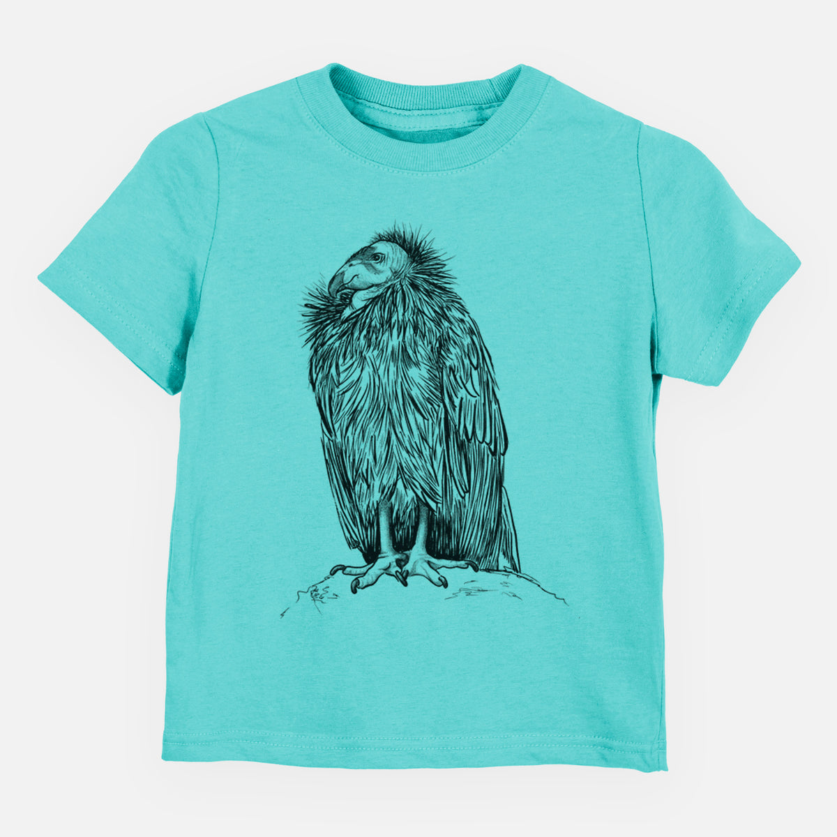 Caribbean blue toddler t-shirt laid flat, printed with a detailed black ink illustration of a California condor perched with folded wings.