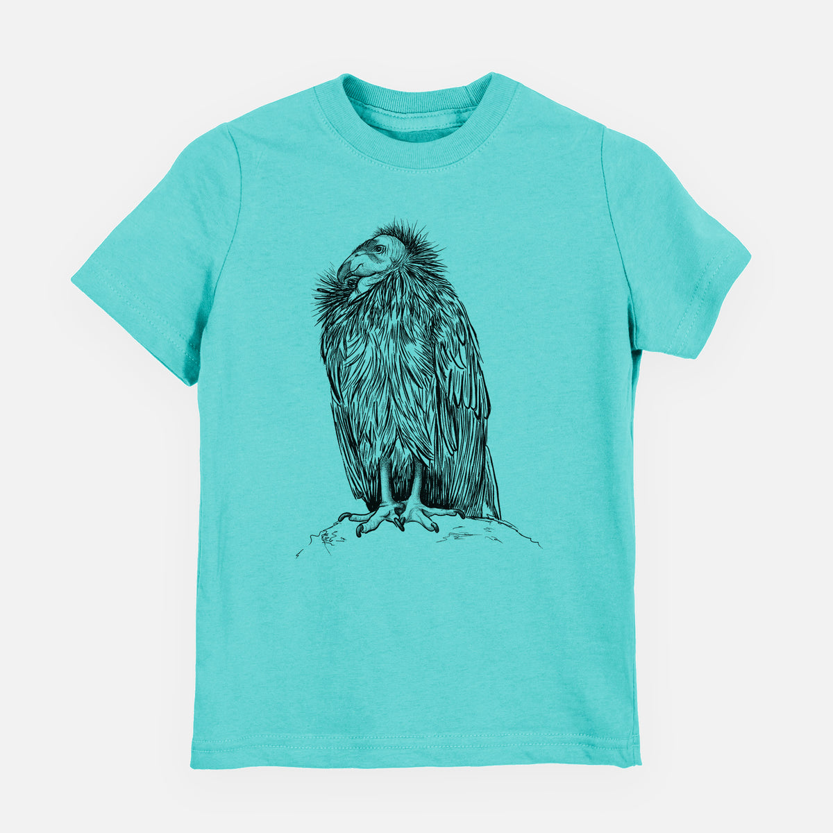 Caribbean blue youth t-shirt laid flat, printed with a detailed black ink illustration of a California condor perched with folded wings.