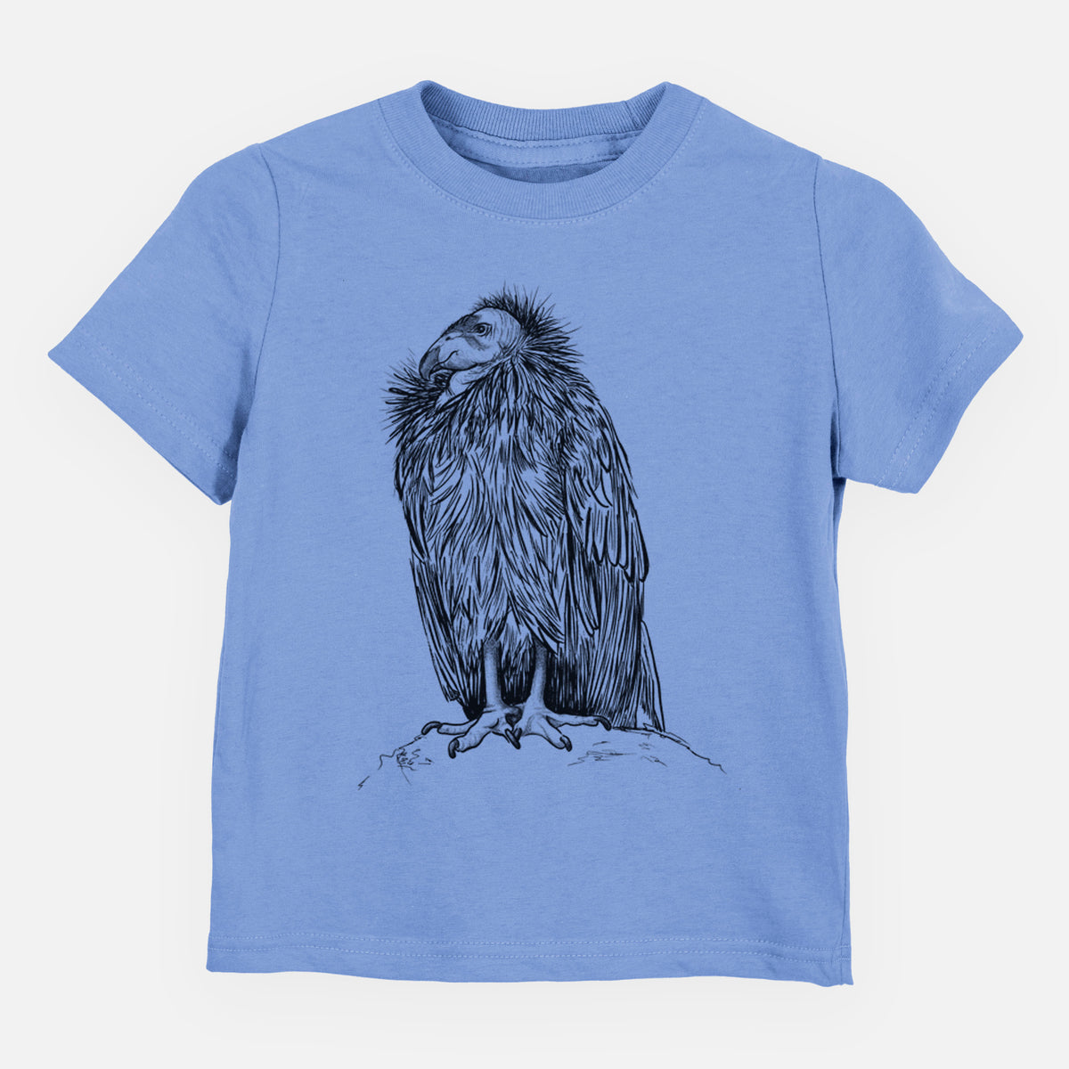 Carolina blue toddler t-shirt laid flat, printed with a detailed black ink illustration of a California condor perched with folded wings.