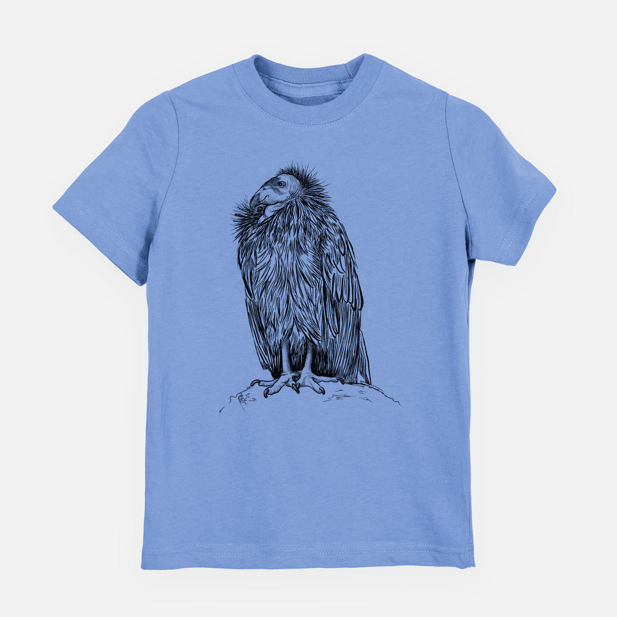 Carolina blue youth t-shirt laid flat, printed with a detailed black ink illustration of a California condor perched with folded wings.