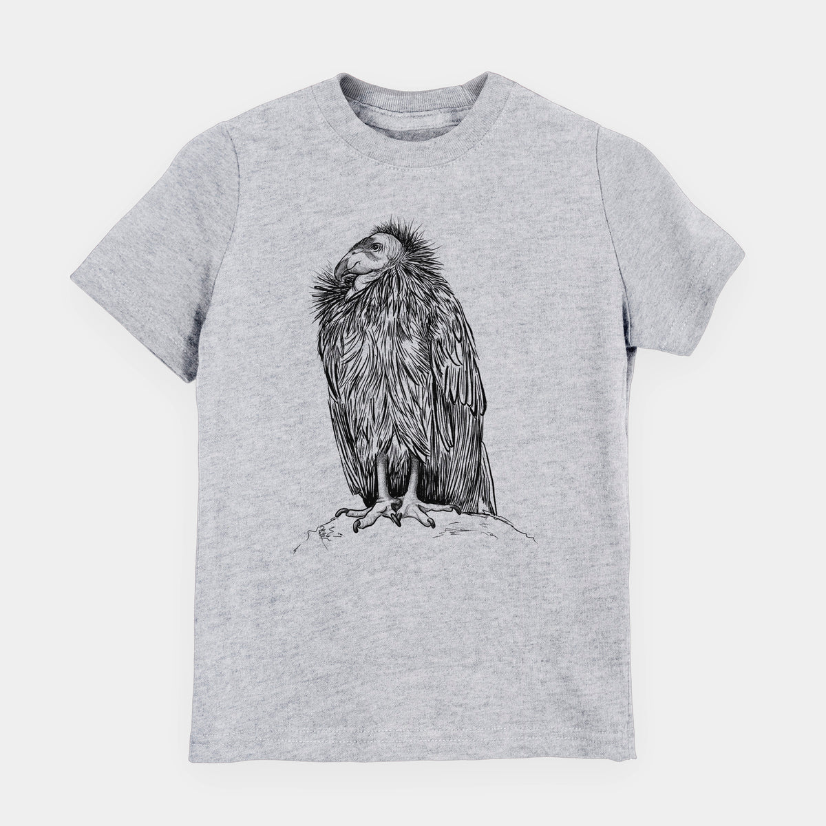 Heather grey youth t-shirt laid flat, printed with a detailed black ink illustration of a California condor perched with folded wings.
