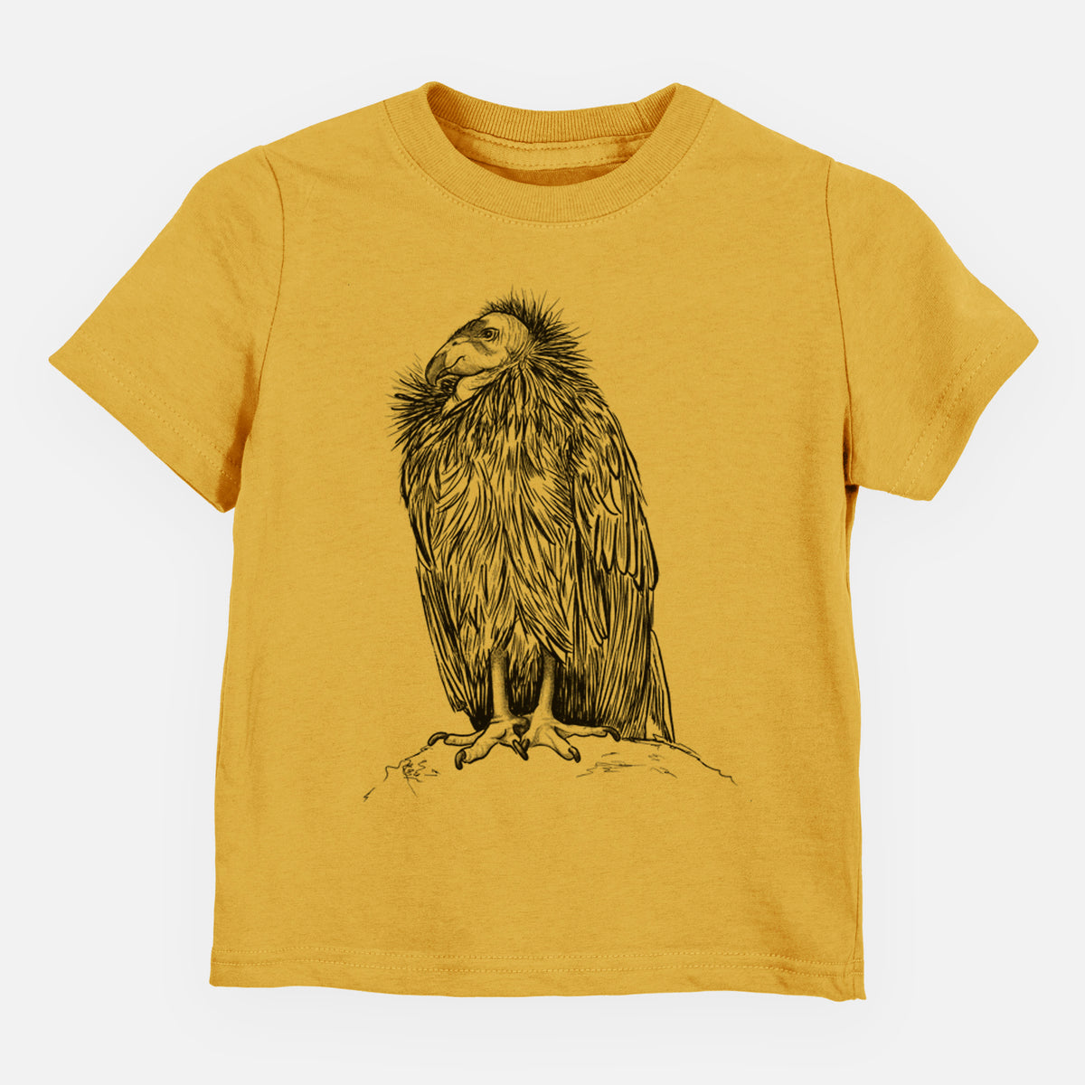 Honeycomb yellow toddler t-shirt laid flat, printed with a detailed black ink illustration of a California condor perched with folded wings.