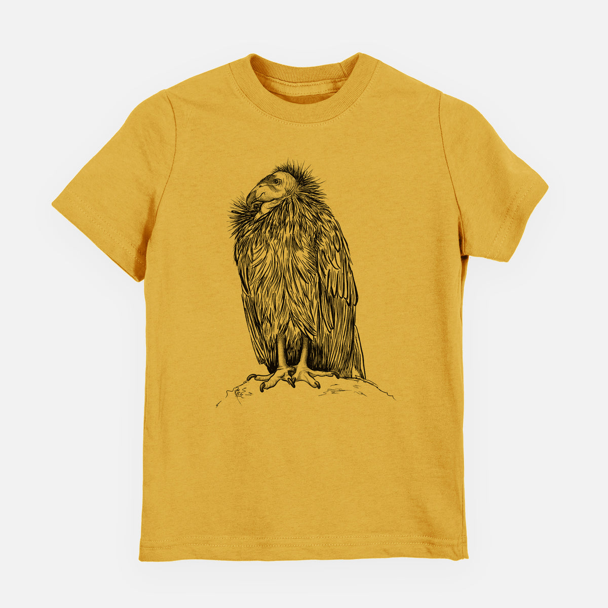Honeycomb yellow youth t-shirt laid flat, printed with a detailed black ink illustration of a California condor perched with folded wings.