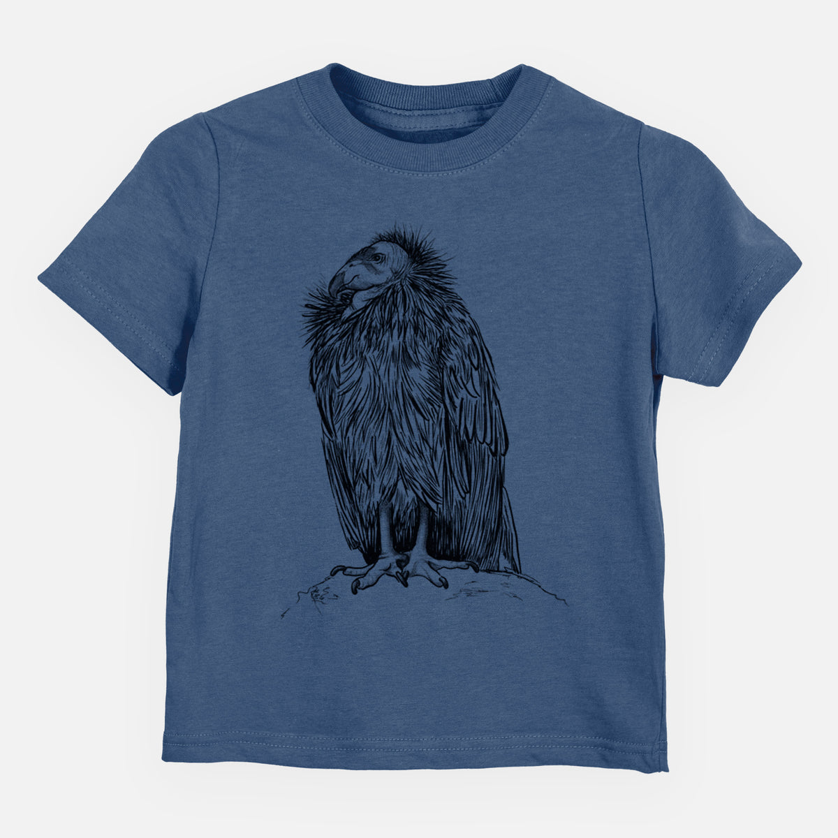 Indigo blue toddler t-shirt laid flat, printed with a detailed black ink illustration of a California condor perched with folded wings.