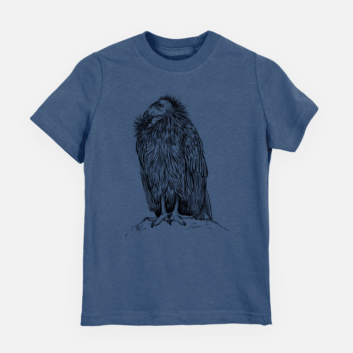 Indigo blue youth t-shirt laid flat, printed with a detailed black ink illustration of a California condor perched with folded wings.