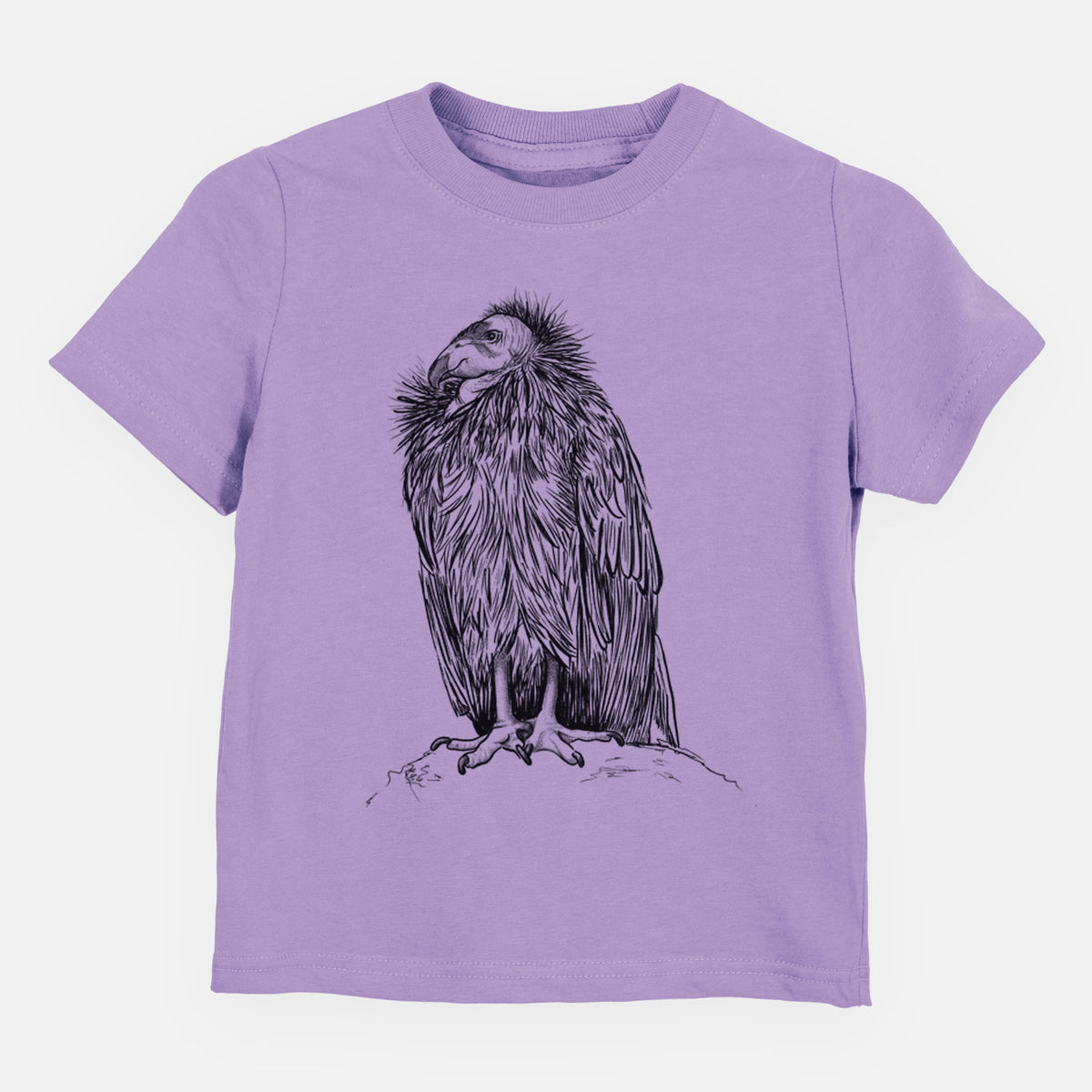 Lavender toddler t-shirt laid flat, printed with a detailed black ink illustration of a California condor perched with folded wings.