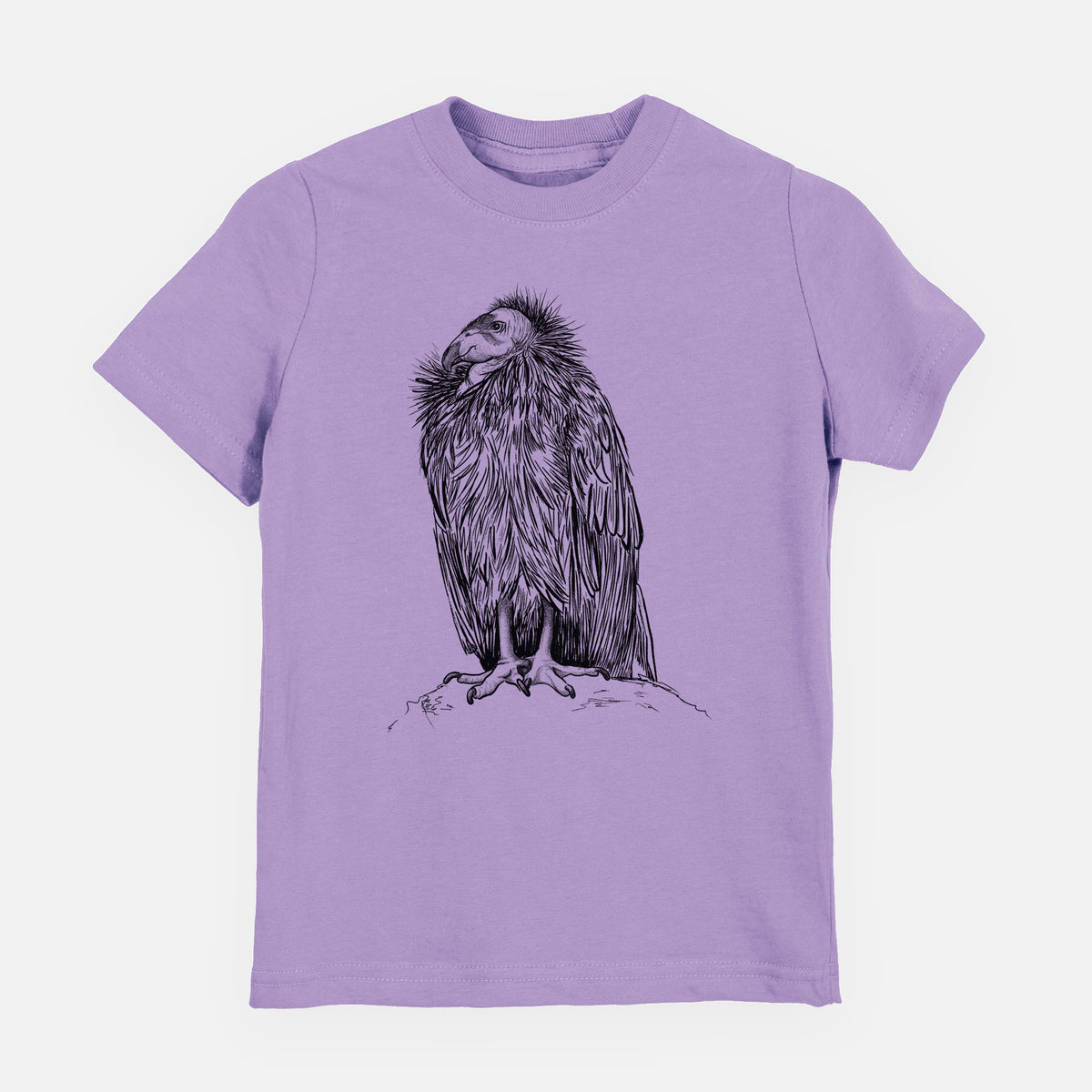 Lavender youth t-shirt laid flat, printed with a detailed black ink illustration of a California condor perched with folded wings.