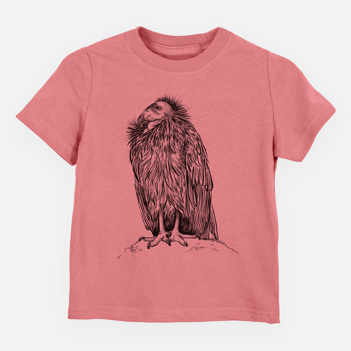 Mauve pink toddler t-shirt laid flat, printed with a detailed black ink illustration of a California condor perched with folded wings.