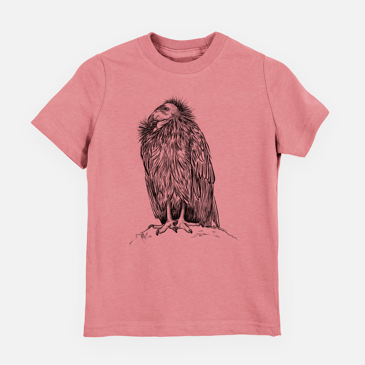 Mauve pink youth t-shirt laid flat, printed with a detailed black ink illustration of a California condor perched with folded wings.