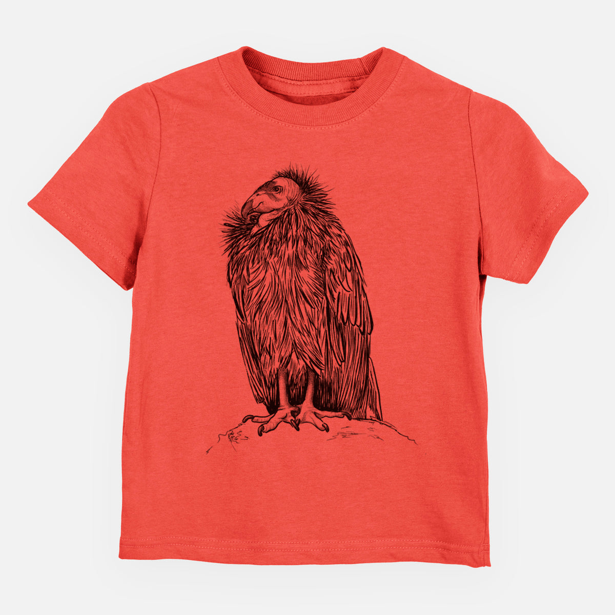 Passionfruit pink toddler t-shirt laid flat, printed with a detailed black ink illustration of a California condor perched with folded wings.